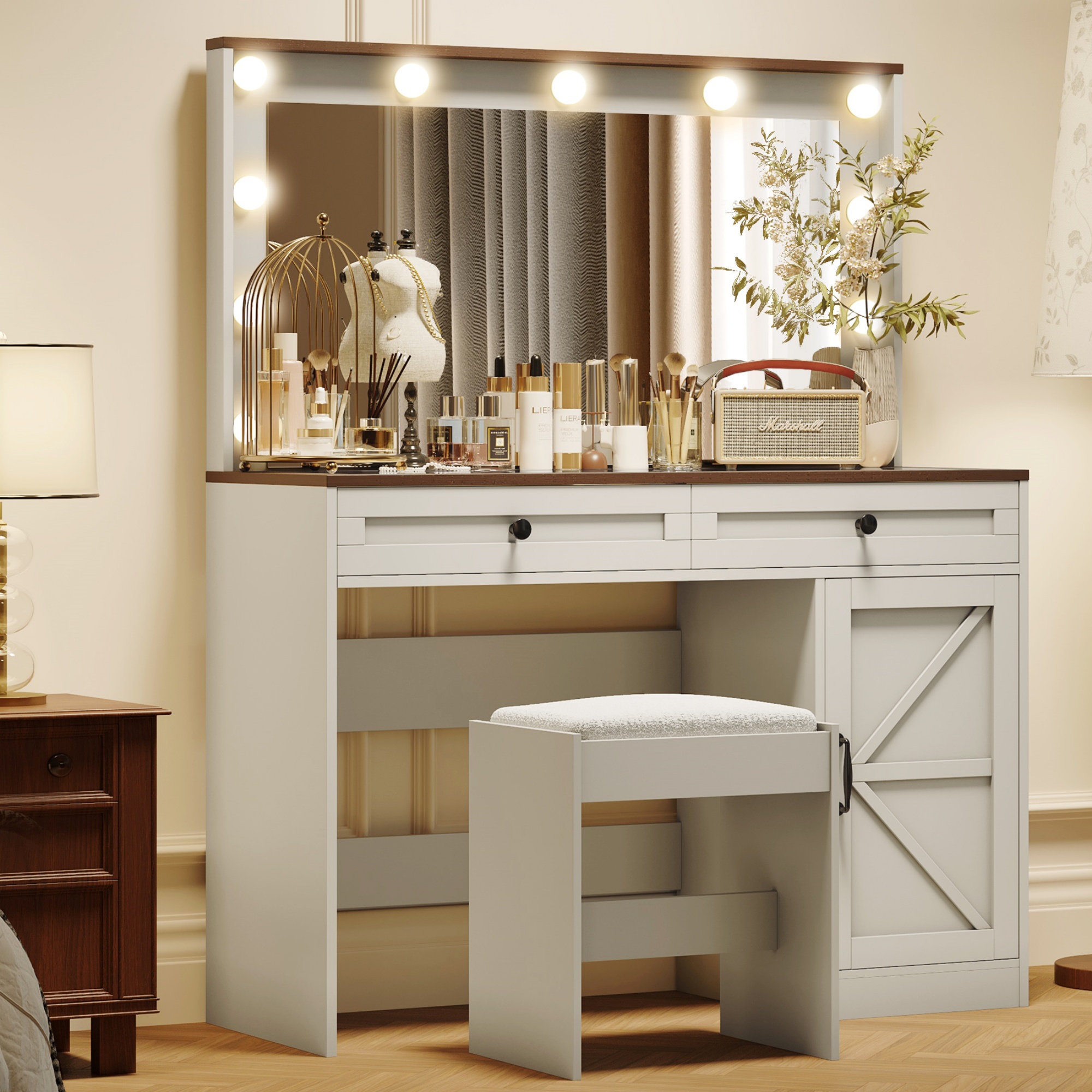 Gracie Oaks 43.4"Makeup Vanity Table, Makeup Table With Large Mirror — free download